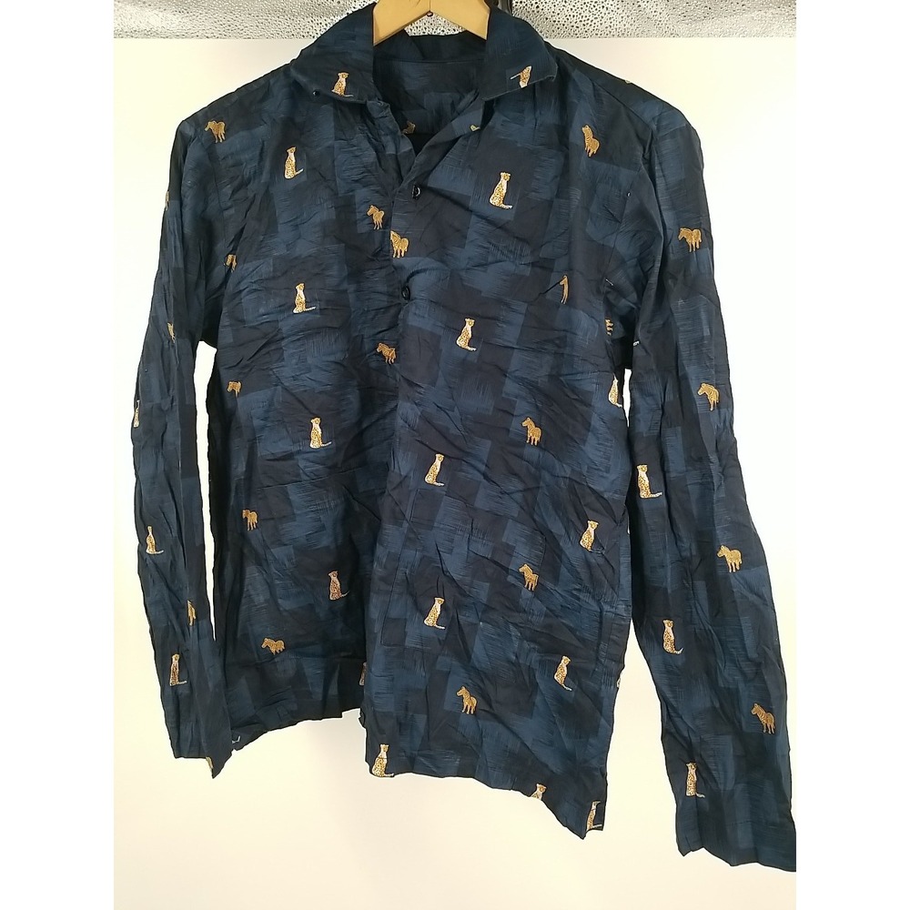 Unbranded Mens Small Blue Long Sleeve Button Up Shirt Zebra Cheetah‎ Print
